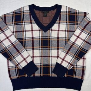 Tahari Sweater‎ Women Large Blue Plaid V Neck Pullover Knit Soft Blend Academia
